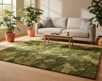 Hand Tufted Moss Rug | Green Nature Wool Carpet | Irregular Shape Organic Area Rug