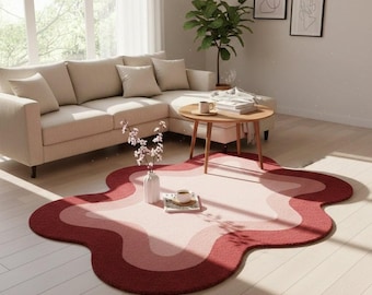 Tappeto rosa di forma organica annodato a mano / Tappeto moderno in lana