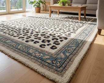 Hand Tufted Wool Area Rug, Leopard Print with Decorative Border