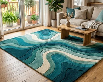 Ocean Wave Hand-Tufted Wool Rug | Modern Coastal Area Carpet | New Zealand Wool