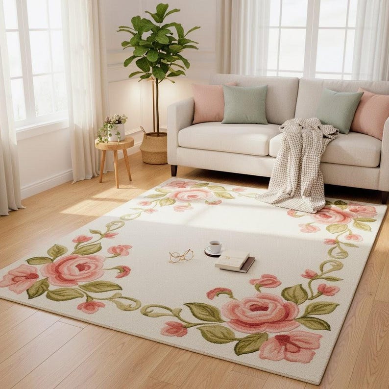 Hand-tufted Floral Rug – Pink Rose Border Carpet, Vintage Botanical ...