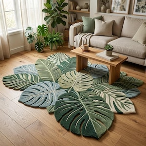 May include: A leaf-shaped rug in shades of green and blue, arranged on a hardwood floor. The rug features various leaf designs, including Monstera leaves. The room also includes a wooden coffee table, a sofa, and potted plants, creating a natural, inviting atmosphere.