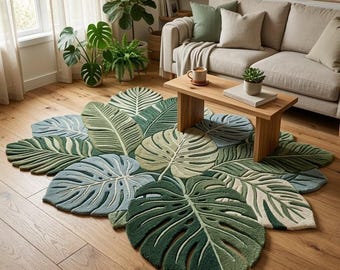 Monstera Leaf Area Rug – Botanical Tufted Carpet, Tropical Nature Home Decor