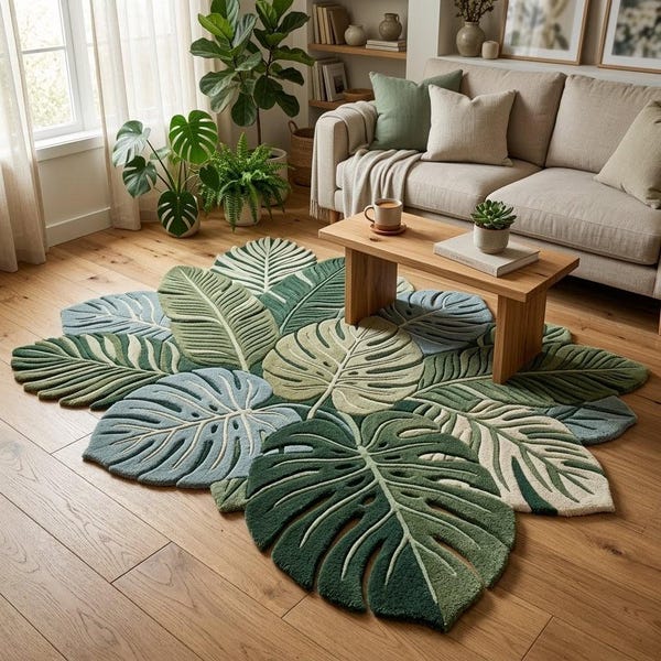 Monstera Leaf Area Rug – Botanical Tufted Carpet, Tropical Nature Home Decor