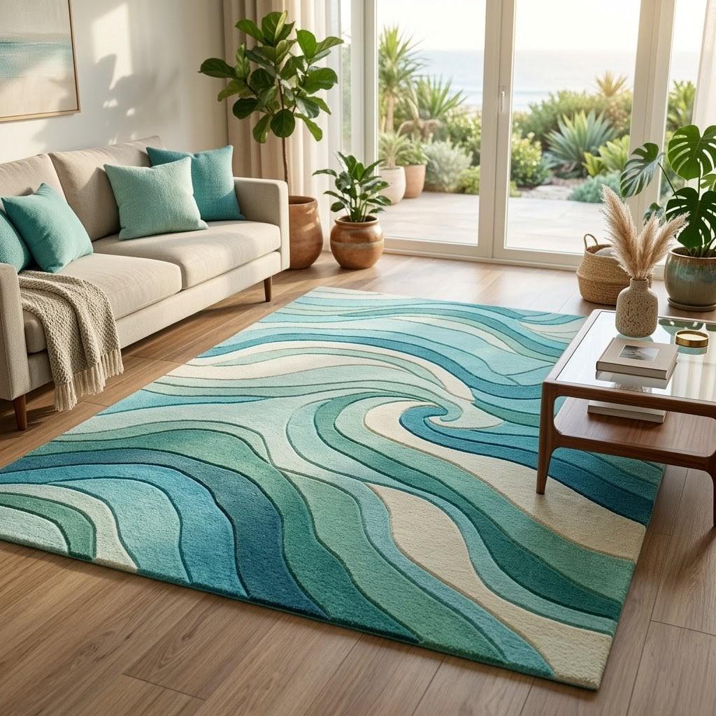 Ocean Swirl Wool Rug | Teal Blue Hand-tufted Wave Carpet | Modern ...
