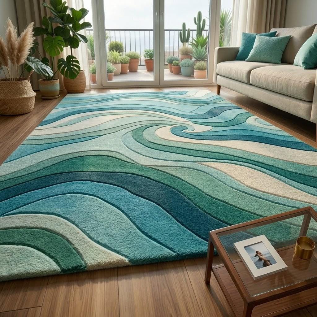 Ocean Swirl Wool Rug | Teal Blue Hand-tufted Wave Carpet | Modern ...