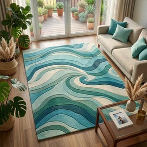 Ocean Swirl Wool Rug | Teal Blue Hand-Tufted Wave Carpet | Modern Coastal Decor