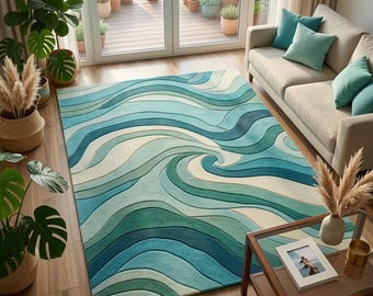 Ocean Swirl Wool Rug | Teal Blue Hand-Tufted Wave Carpet | Modern Coastal Decor