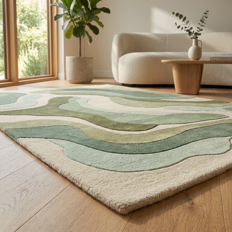 Rug Design Guide Hand Tufted Green Wool Rug | Organic Pebble Design Area Carpet ...