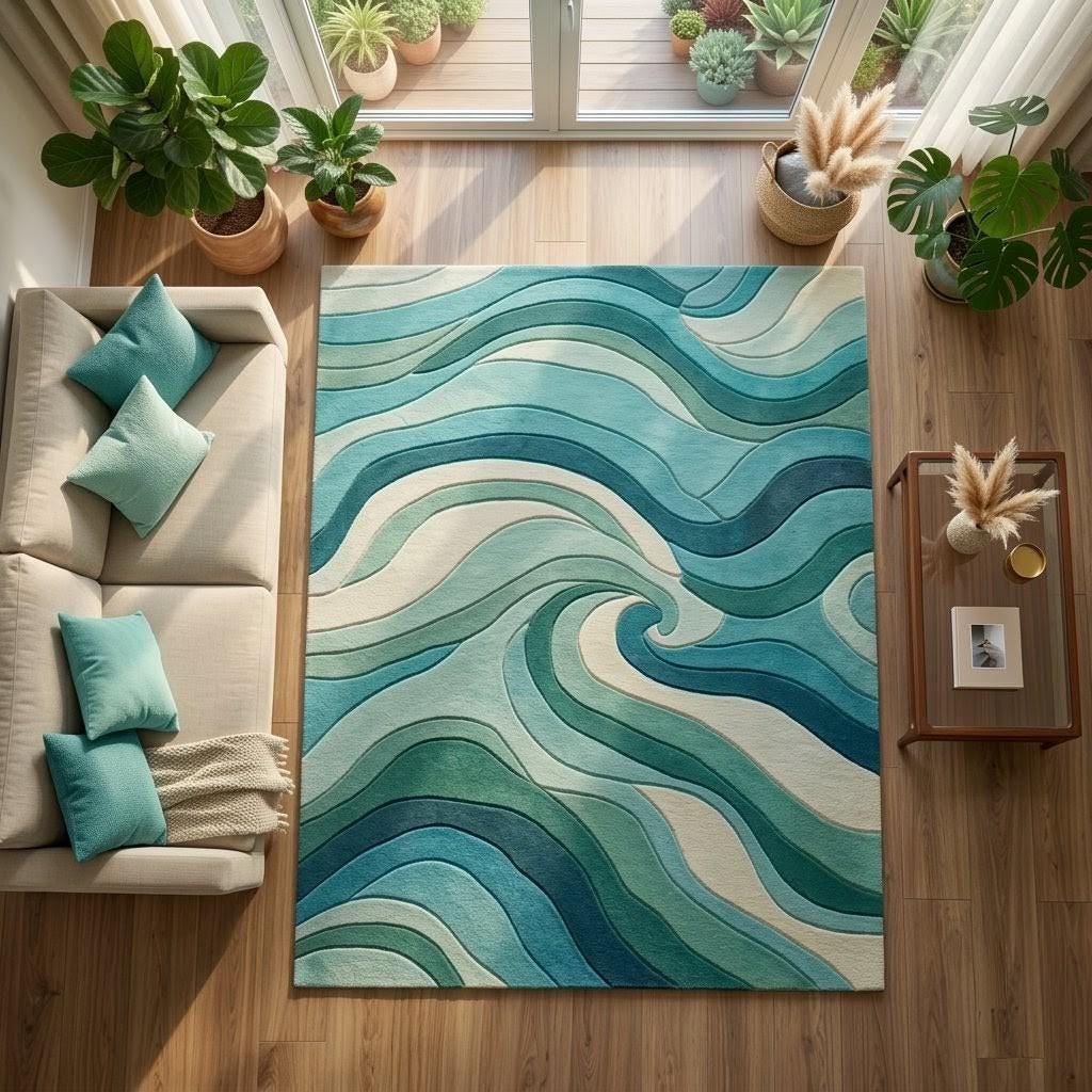 Ocean Swirl Wool Rug | Teal Blue Hand-tufted Wave Carpet | Modern ...