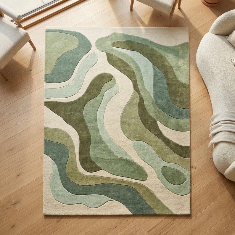 Rug Design Guide Hand Tufted Green Wool Rug | Organic Pebble Design Area Carpet ...