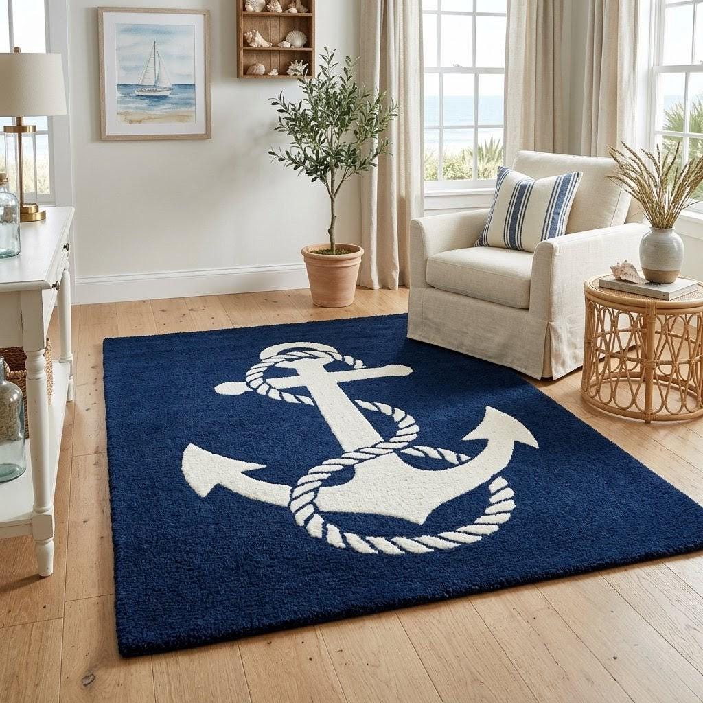 Hand Tufted Anchor Rug | Nautical Wool Carpet | Navy Blue Coastal Decor ...