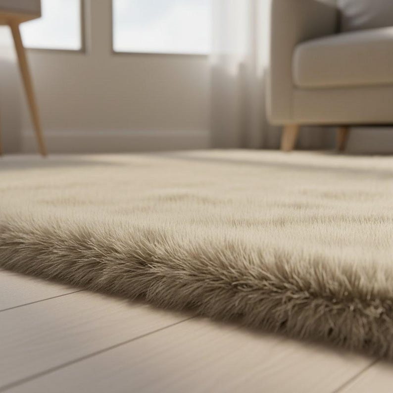 May include: Close-up of a beige faux fur rug with long, soft fibers. The rug is placed on a light-colored wooden floor, with a glimpse of a window and a beige armchair in the background. The rug adds a touch of warmth and texture to the room.