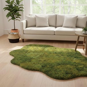 May include: A green, irregularly shaped rug with a moss-like texture. The rug is placed on a light wood floor in front of a cream-colored sofa. A potted plant and a small side table are also in the room.