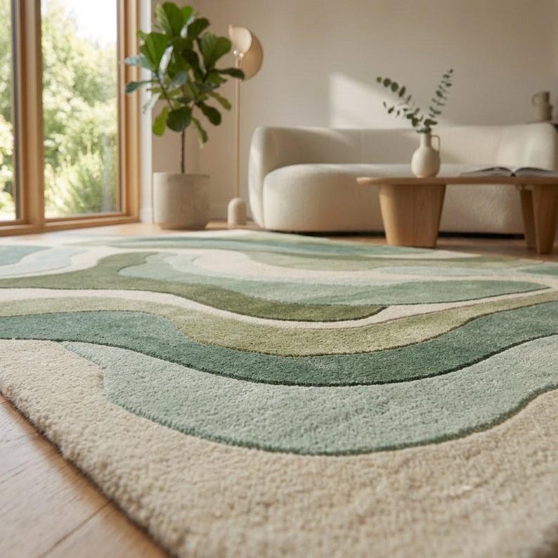 Rug Design Guide Hand Tufted Green Wool Rug | Organic Pebble Design Area Carpet ...