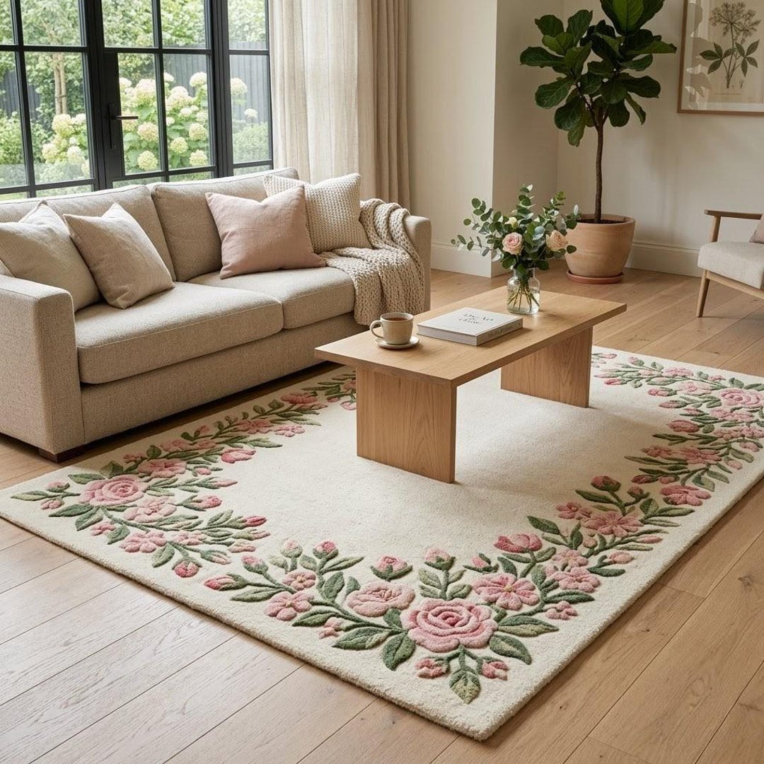 Hand Tufted Wool Rug, Cream Rose Border, Floral Carpet - Etsy
