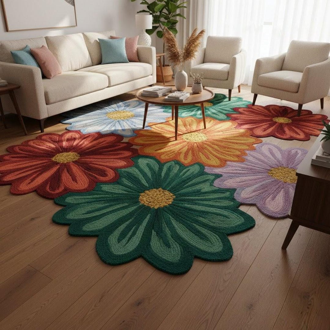Hand Tufted Wool Flower Rug, Colorful Floral Statement Carpet, Custom ...