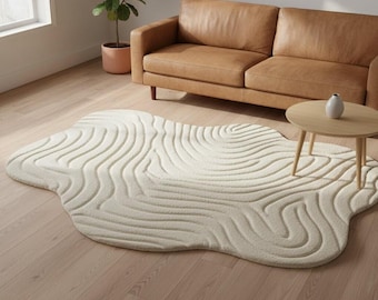 Hand Tufted Cream Irregular Rug | Textured Modern Wool Carpet | Minimalist Living Room Rug