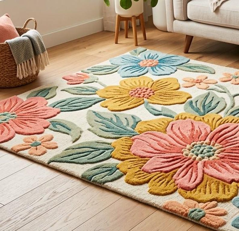 Colorful Floral Hand Tufted Indoor Rug, Flower Pattern Area Carpet - Etsy