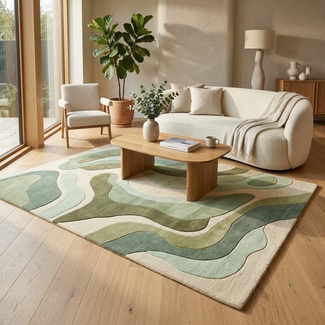 Rug Design Guide Hand Tufted Green Wool Rug | Organic Pebble Design Area Carpet ...