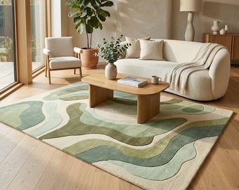Hand Tufted Green Wool Rug | Organic Pebble Design Area Carpet | Handmade Modern Rug for Living Room & Bedroom