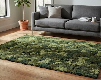 Handmade Moss Rug – 3D Green Forest Carpet, High-Pile Shag Area Rug for Living Room
