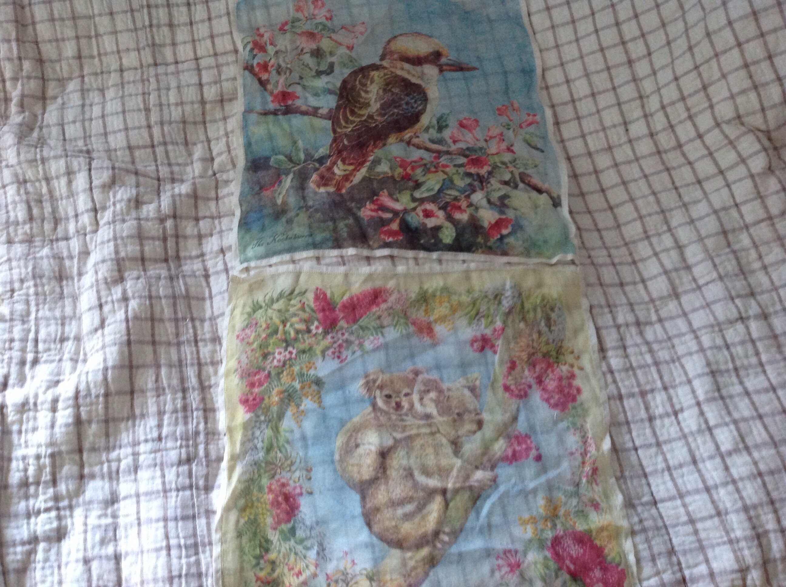 Vintage handkerchiefs Kookaburra and koala bear.