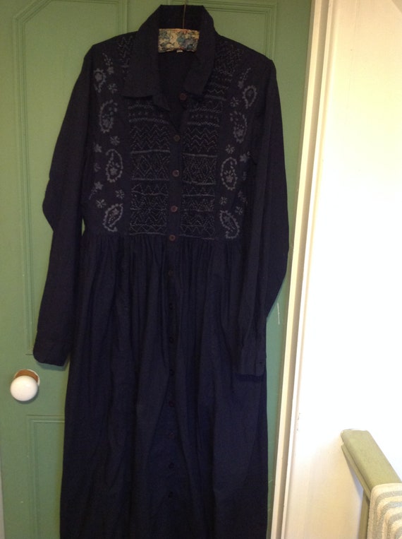 1980s hand smocked monsoon dress in navy blue