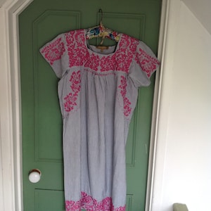 Embroidered dress by Rose and Rose size small pink embroidery on blue ticking