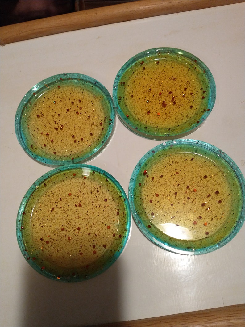 Yellow Resin Serving Tray and 4 Matching Coasters Set, Perfume and Jewelry Display image 2