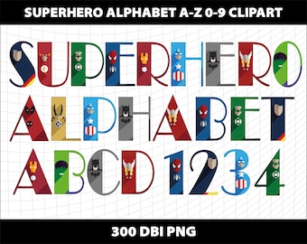 Super Hero Alphabet Letters Cliparts Bundle Sublimation Png Font Template Design Download Digital File Printable