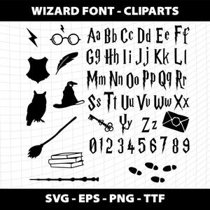 May include: Black and white clipart font with wizard-themed characters, numbers, and symbols. The font includes letters, numbers, a lightning bolt, a wizard hat, a pair of glasses, a feather, a book, a wand, an owl, a key, a letter, and footprints.