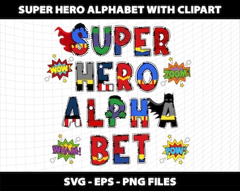 Superhero Doodle Alphabet Letters Cliparts Font Svg  Png Number Birthday Party Design Download Digital File Design Printable Mega Bundle