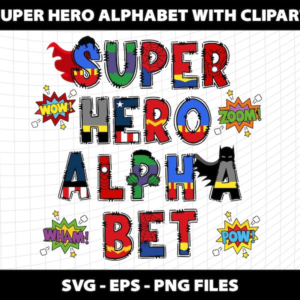Superhero Doodle Alphabet Letters Cliparts Font Svg  Png Number Birthday Party Design Download Digital File Design Printable Mega Bundle