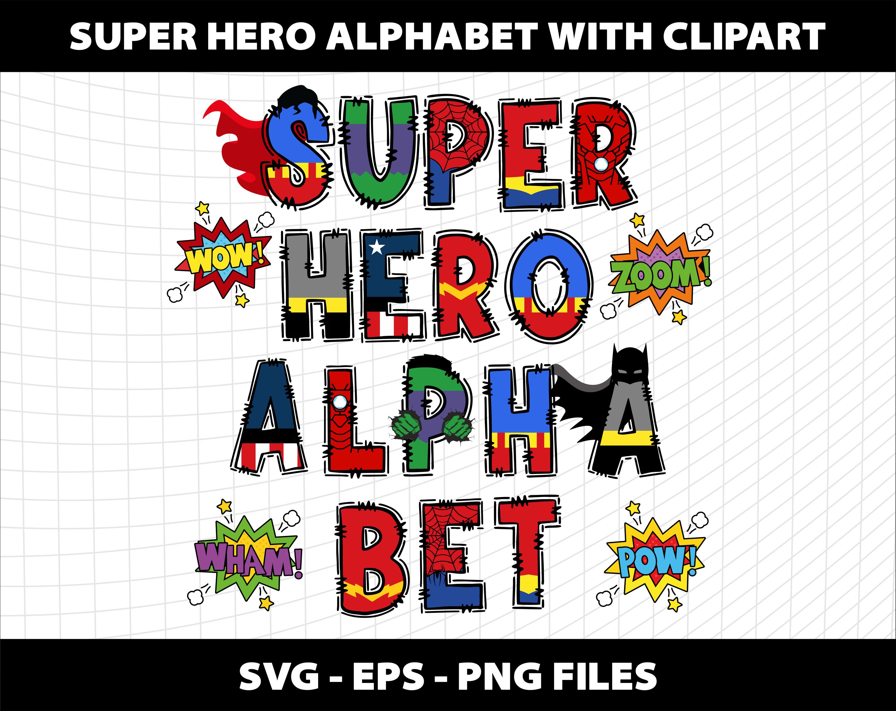 Superhero Doodle Alphabet Letters Cliparts Font Svg  Png Number Birthday Party Design Download Digital File Design Printable Mega Bundle