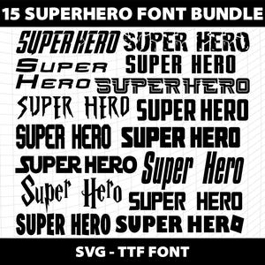 Pacote de fontes de super-heróis SVG TTF Letras do alfabeto Cricut Silhueta de corte Modelo para download Arquivo digital Imprimível Fonte de super-herói cortada a laser