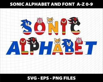 May include: A colorful alphabet featuring characters from the Sonic the Hedgehog video game series. The letters are in a bold, cartoonish font with each letter featuring a different character's head. The letters spell out "SONIC ALPHABET".