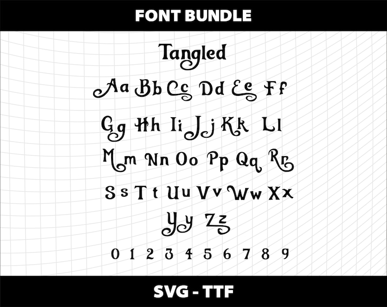 May include: A font bundle called "Tangled" with a decorative script font style. The font includes uppercase letters, lowercase letters, numbers, and the text "SVG - TTF".
