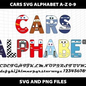 Alfabeto de coches Doodle Letras Cliparts Fuente Svg Png Número Fiesta de cumpleaños Diseño Descargar Archivo digital Diseño Coches Paquete imprimible