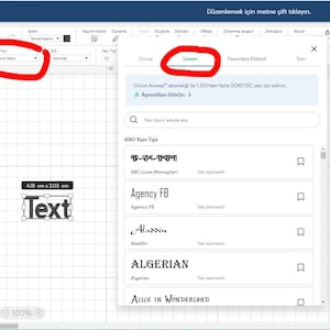 May include: A screenshot of a computer screen showing a design program with a list of fonts. The font "System" is highlighted. The text "Text" is displayed in the font "Cricut Sans" on a grid.