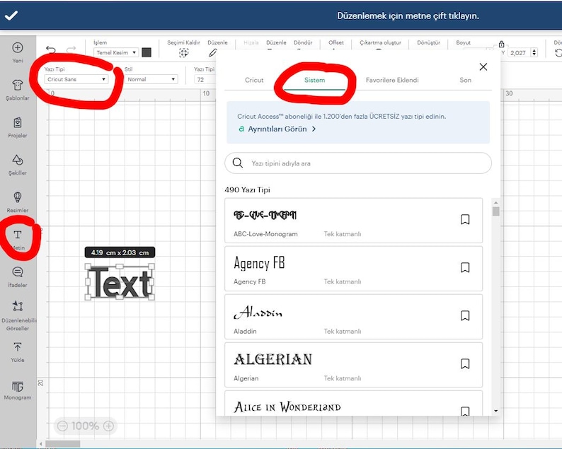 May include: A screenshot of a computer screen showing a design program with a list of fonts. The font "System" is highlighted. The text "Text" is displayed in the font "Cricut Sans" on a grid.