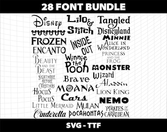 Cartoon Font Bundle SVG TTF Cricut Cutting Canva Invitation Princess Stitch Moana Monsters Cursive Frozen Cars Nemo Download Digital File