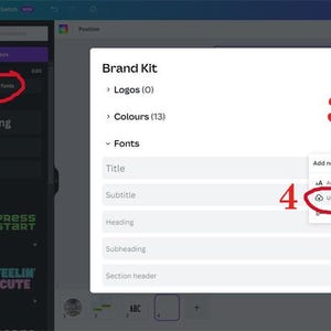 May include: Screenshot of a computer screen showing a website with a section labeled "Brand Kit". The section has options for adding logos, colors, and fonts. The user is in the "Fonts" section and is about to upload a new font.