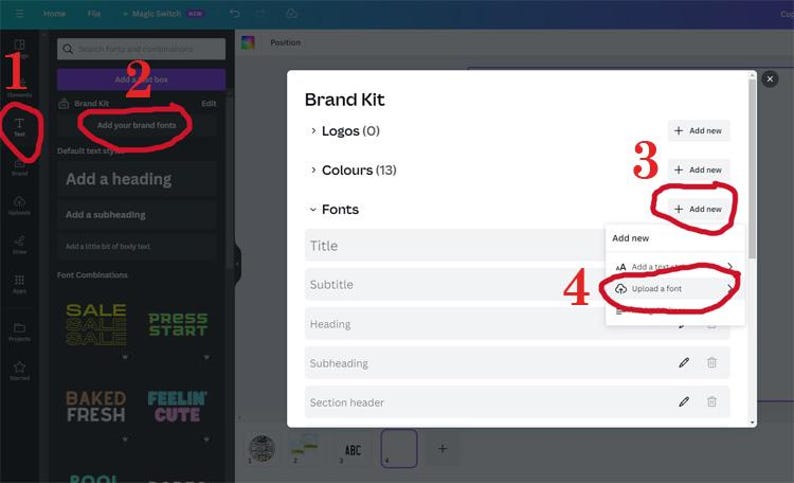 May include: Screenshot of a computer screen showing a website with a section labeled "Brand Kit". The section has options for adding logos, colors, and fonts. The user is in the "Fonts" section and is about to upload a new font.