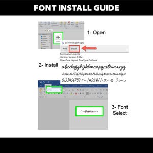 May include: A step-by-step guide on how to install a font in Microsoft Word. The guide shows how to open the font file, install it, and then select it from the font menu. The font name is Loverine and the font is a cursive script style.