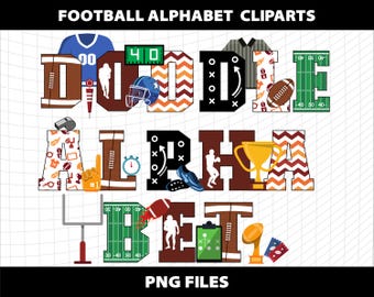Peut inclure: Ensemble de clipart d'alphabet de football avec des lettres brunes, rouges, blanches, noires et jaunes. Les lettres sont décorées de ballons de football, de casques, de sifflets et d'autres graphismes sur le thème du football. Les lettres épellent "Doodle Alphabet".
