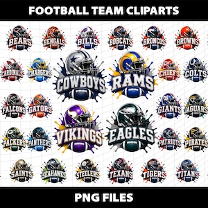 May include: A digital collection of football team clipart designs featuring various team helmets and names set against colorful paint splatters. The image includes text labels for teams like Cowboys, Rams, Vikings, and Eagles, with the title FOOTBALL TEAM CLIPARTS and PNG FILES displayed at the top and bottom.