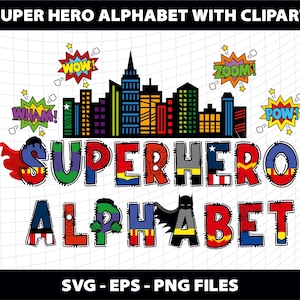 Super-herói Doodle Alfabeto Letras Cliparts Fonte Svg Png Número Festa de Aniversário Design Baixar Arquivo Digital Design Imprimível Mega Bundle