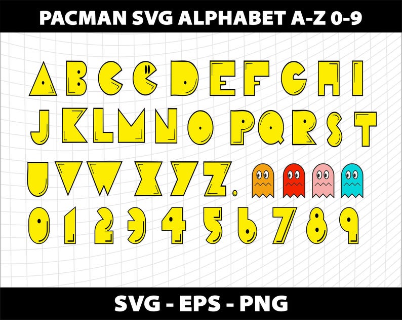 Pac Lettering Doodle Game Alphabet Letters Arcade Gamer Clipart Font Svg Png Template ...