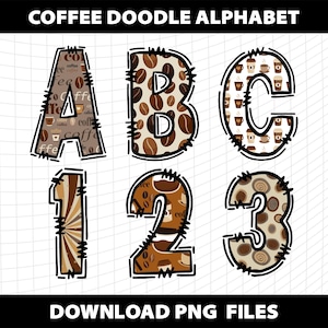 Doodle Alphabet Coffee Latte Letters Font Png Design Download Digital File Template Printable Use Commercial